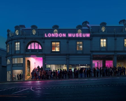 An artist's impression of the outside of the London Museum at night with a queue of people round the block