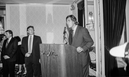 Casablancas speaking at a Look of the Year reception in 1991 at the Plaza Hotel, alongside Trump