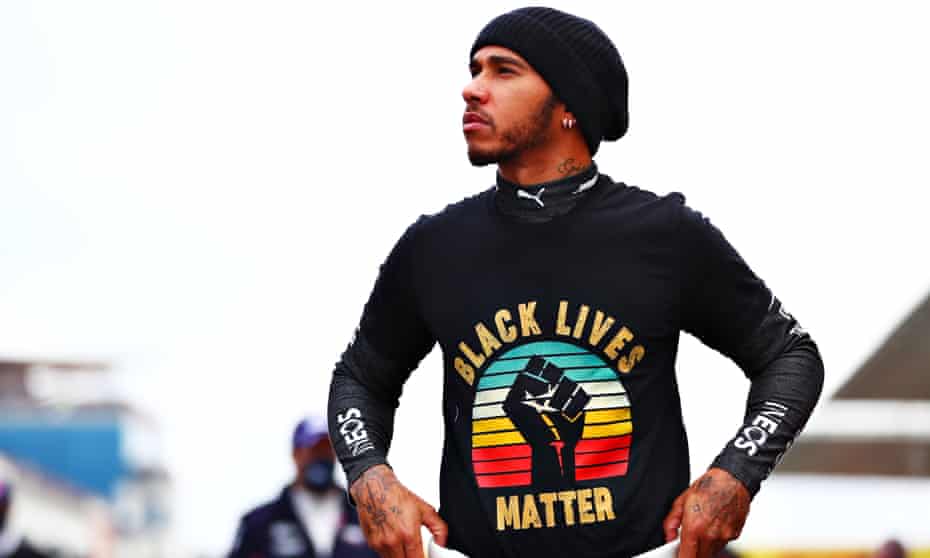 Lewis Hamilton wears a Black Lives Matter T-shirt before the Turkish Grand Prix.