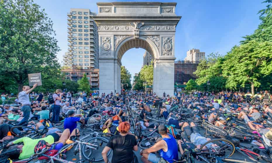 Hundreds of New York City cyclists at a mass ‘die-in’ at Washington Square Park Tuesday.