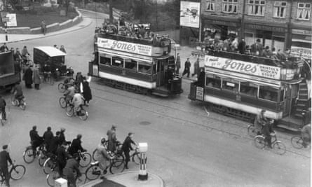 Trams filled with workers from the Bristol Aeroplane Company’s factory in 1939.