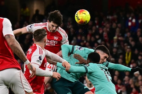 Arsenal's Declan Rice wins a header.