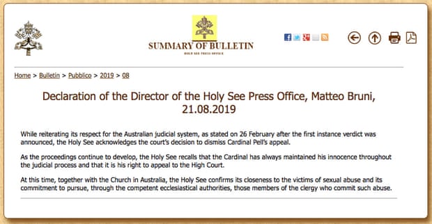 The Vatican’s response after Cardinal George Pell loses his appeal on child sexual assault conviction. Melbourne, Australia. 21 August 20.