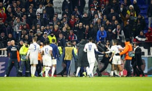 Lyon players confront fans after their draw with Leipzig in December