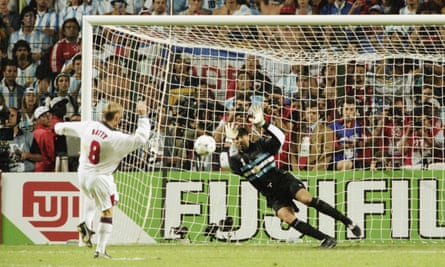 Carlos Roa saves a penalty by England’s David Batty to send Argentina through to the 1998 World Cup quarter finals.