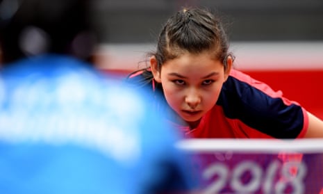 Anna Hursey of Wales play doubles with Charlotte Carey of Wales against Madhurika Patkar of India and Mouma Das of India during the Women’s Team - Group 2 Match 2 Table Tennis on day 1.