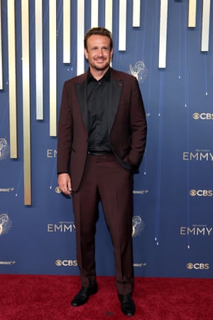Best actor in a comedy nominee Jason Segel (Shrinking) wears a maroon and black suit by Neapolitan tailor Isaia