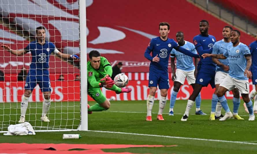 Kepa Arrizabalaa makes a save during Chelsea’s FA Cup semi-final win over Manchester City that set up Saturday’s game against Leicester.