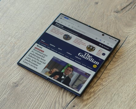 The Guardian website pictured on the internal screen of the Samsung Galaxy Z Fold 8 Ultra.