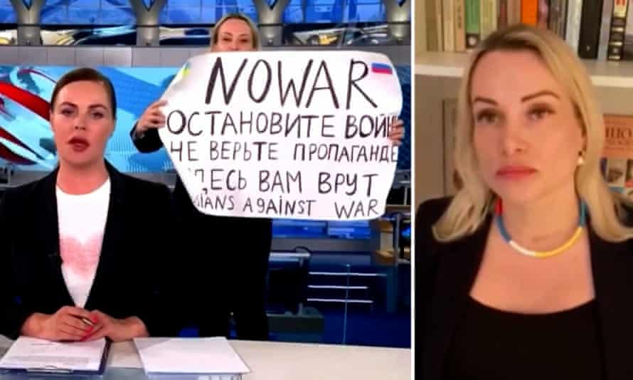 Marina Ovsyannikova held a sign saying: ‘Don’t believe the propaganda. They’re lying to you here.’
