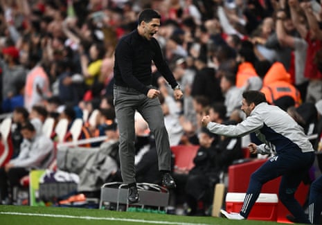 Arsenal manager Mikel Arteta celebrates their second goal, scored by Bukayo Saka.