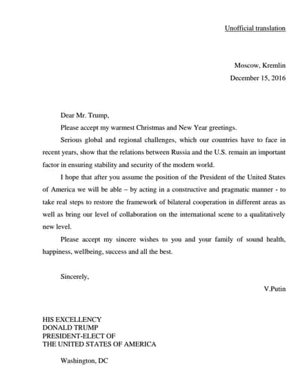 A letter, purportedly from Vladimir Putin, released by the Trump campaign.