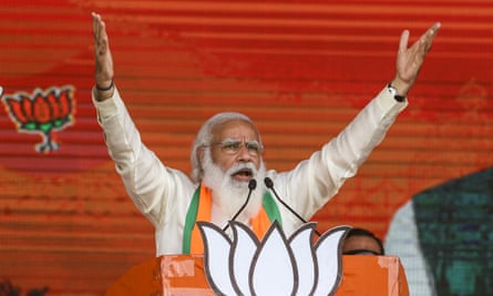 Narendra Modi addresses a rally in Kolkata in March ahead of the West Bengal state election