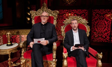 Greg Davies and Alex Horne sitting in red and gold thrones on the set of Taskmaster