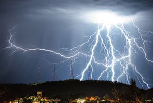 Lightning over Mt Coot-tha in Brisbane, Queensland.