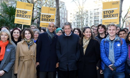 Chuka Umunna and Hugh Grant with campaign volunteers in Westminster