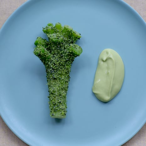 Late-season broccoli starter: Tom Hunt’s broccoli stem with green mayo.