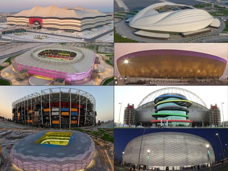 Stadiums for Qatar World Cup: From left to right) the Al Bayt stadium in Al Khor on 26 August 2020; the Al Janoub stadium in Doha on 20 November 2020; the Ahmad Bin Ali stadium in the city of Ar Rayyan on 22 November 2021; the Lusail stadium on the outskirts of Doha on 2 September 2022; the 974 stadium in Doha on 7 December 2021; the Khalifa International stadium in Doha on 19 May 2017; the Education City stadium in Al Rayyan city on 29 April 2020; and the Al Thumama stadium in Doha on 22 October 2021.
