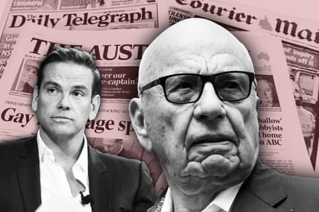 A composite image of Rupert Murdoch, front right with son Lachlan Murdoch, back left in front of Newscorp papers