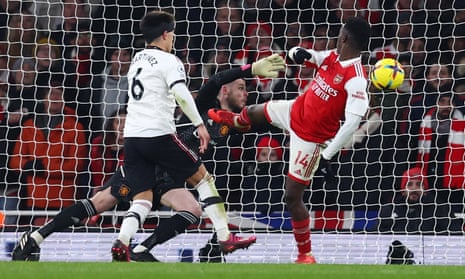 Arsenal's Eddie Nketiah scores his third goal.