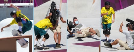 Kieran Woolley of Australia collides with a cameraman during his heat