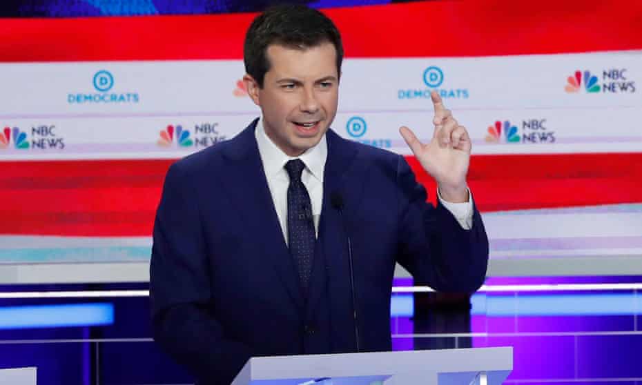 South Bend mayor Pete Buttigieg speaks during the second night of the presidential election Democratic candidates debate in Miami on 27 June.
