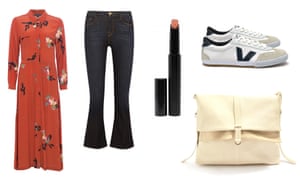 Dress, £120, frenchconnection.com Jeans, £250 by Frame from net-a-porter.com Lipslique, £32 in Paramour by Surratt from harveynichols.com Trainers, £89, veja-store.com Bag, £110, topshop.com