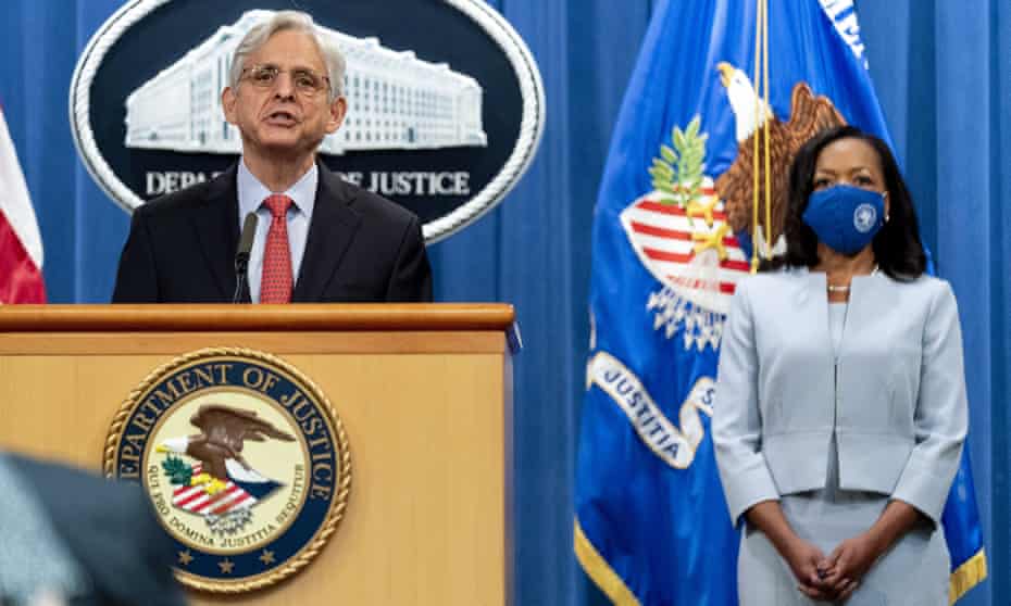 Attorney General Merrick Garland, with assistant attorney general for civil rights Kristen Clarke, announce the DoJ’s investigation into the city of Phoenix and the Phoenix Police Department, on 5 August 2021.