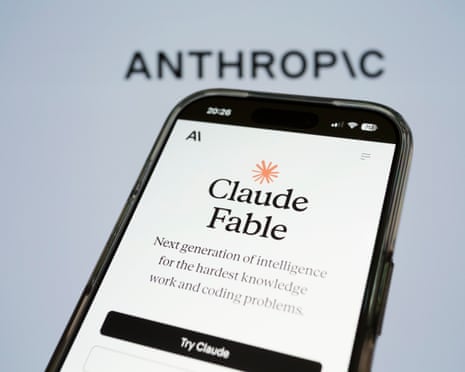 A smartphone displays the Claude Fable webpage with logo and tagline against a blurred Anthropic background