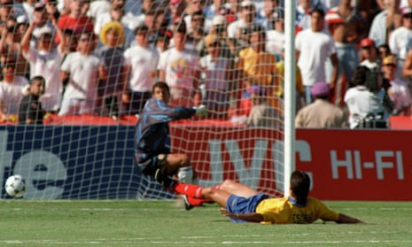 Colombia’s captain, Andrés Escobar, lies on the ground after scoring an own goal at USA 94. The following month, he was shot dead.
