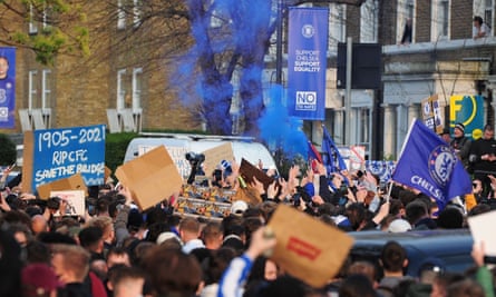Chelsea fans protest outside Stamford Bridge before the game with Brighton