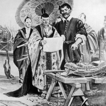 An illustration from 1915 showing William Adams advising the Shōgun on ship design