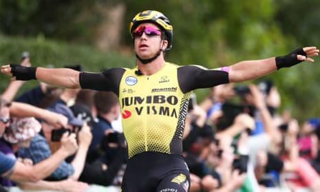 Dylan Groenewegen celebrates in Birkenhead Park after winning stage five of the Tour of Britain