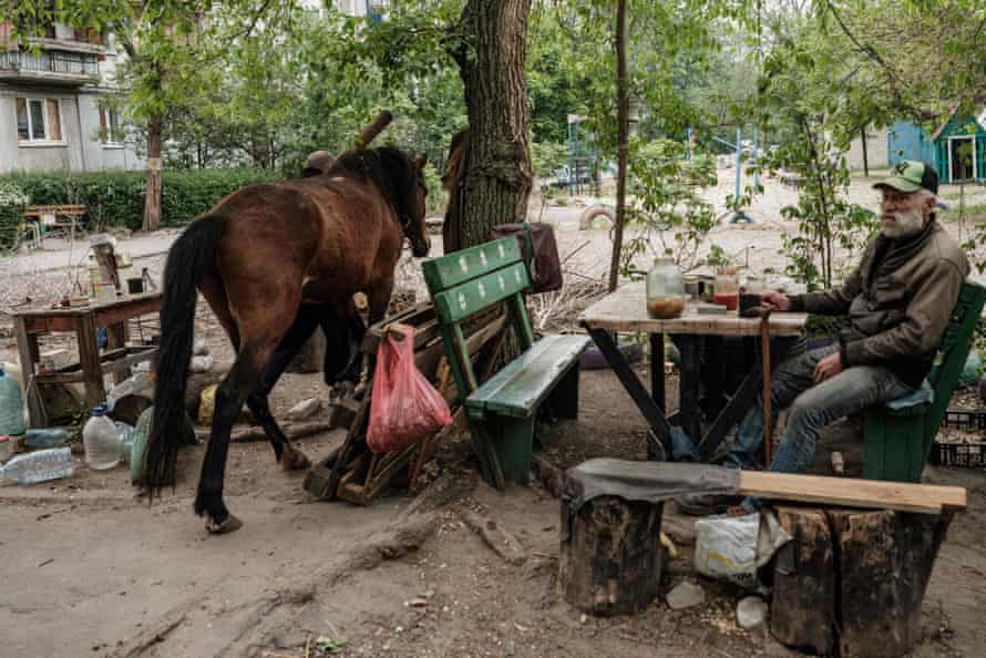 A man sits next to his horse during nearby mortar shelling in Severodonetsk, eastern Ukraine.