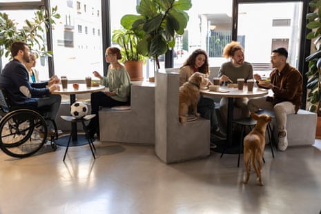 Business colleagues on lunch break with dogs