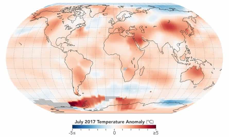 2017 was the warmest July in 137 years of modern record-keeping, at about 0.83C warmer than the mean July temperature of the 1951-1980 period