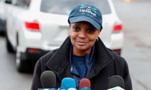 Chicago mayoral candidate Lori Lightfoot speaks to the press outside a polling place.