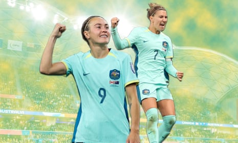 Composition image of Caitlin Foord and Steph Catley in the Matildas away kit against a stadium in the background