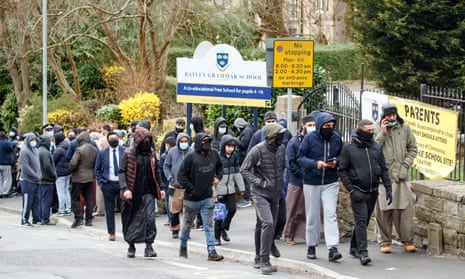 Protesters outside Batley grammar school in West Yorkshire in March.