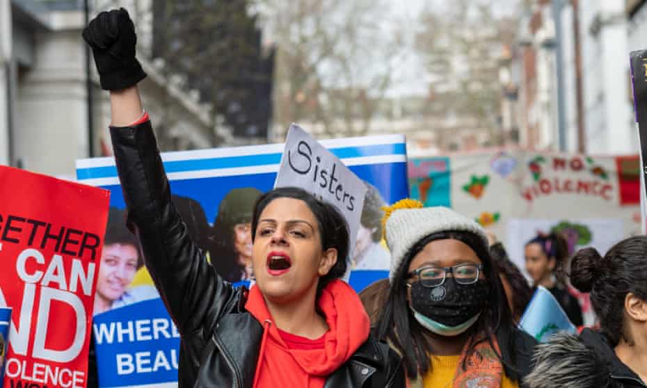 Protesters on the Million Women Rise march, which called for an end to male violence against women, in London on 7 March, 2020.