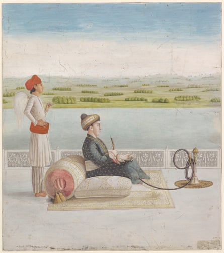 Portrait of John Wombwell smoking a hookah.