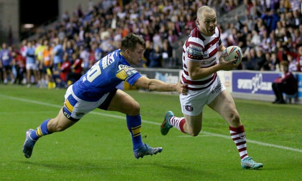 Liam Marshall scores the try that gave Wigan a half-time lead