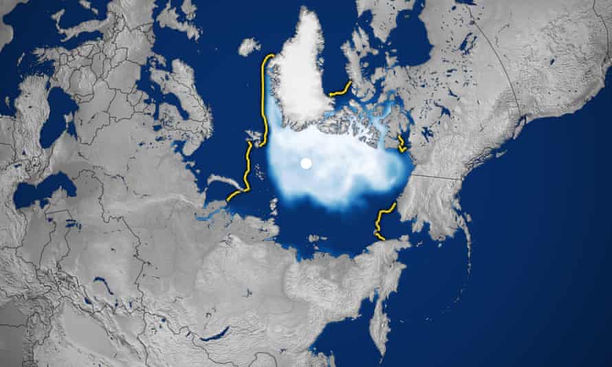 The October 2020 sea ice concentration in the Arctic. The yellow line shows 1981- 2010 median.