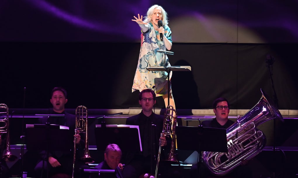 Beauty and provocation … Jennifer Walshe performing The Site of an Investigation with the BBC Scottish Symphony Orchestra during Prom 17 at the Royal Albert Hall, London.