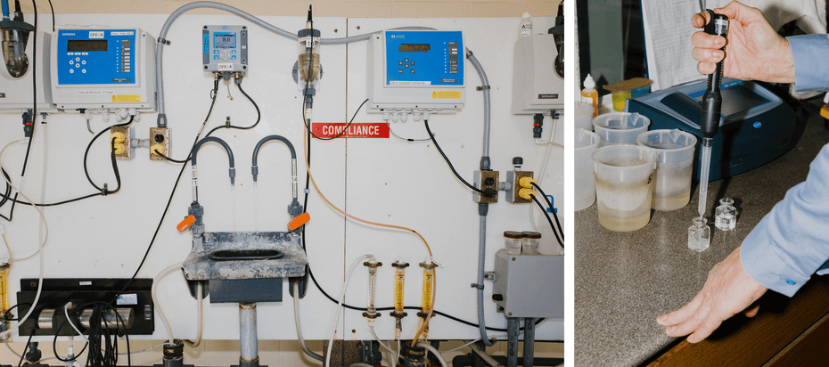 Left: Water analyzing equipment at the Chester Water Authority treatment plant. Right: Water being tested for chlorine residuals.