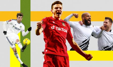 From left; Patrick Bamford of Leeds, Paul Mullin of Wrexham and Derby's David McGoldrick and James Collins.