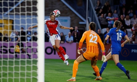 Caitlin Foord heads home the opening goal in Arsenal’s win against Rangers