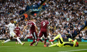 The ball falls to West Ham United’s Tomas Soucek to score their first goal before it was later overruled by VAR.