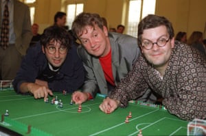 Fantasy Football League presenters David Baddiel, Frank Skinner and Statto (aka Angus Loughran) enjoy a game in 1996.