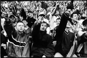 Bradford City fans in the kop taunt Spurs fans after city equalise in the last minutes of the game, 15 September 1999
